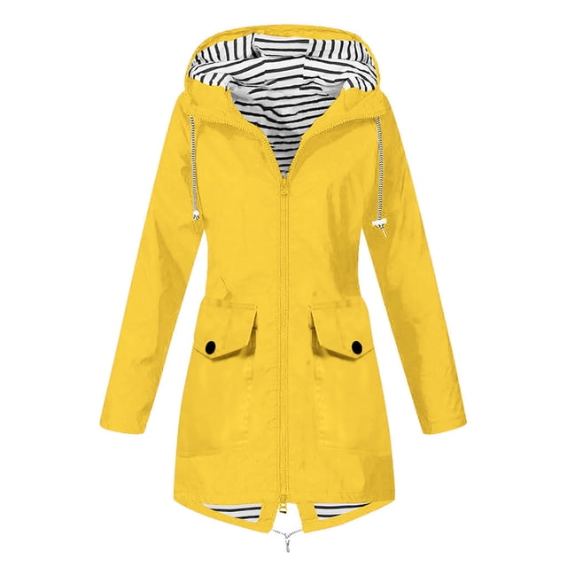 Pisexur Shacket Jacket Women Solid Rain Jacket in a vibrant yellow color, featuring a waterproof and windproof polyester fabric. The jacket includes a hood with adjustable drawstrings, long sleeves, a front zip closure, and two front pockets with buttoned flaps. The interior is lined with a striped pattern for added style. Designed for outdoor activities like hiking, cycling, and casual wear, this plus-size loose-fit coat is suitable for all seasons, offering comfort and protection against light rain, snow, and wind.