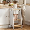 thumbnail image 1 of COSYLAND 3 Levels Adjustable Toddler Standing Tower - 33.5IN/85CM Stable Kids Kitchen Step Stool with Protective Crossbar - Wooden Toddler Kitchen Stool Helper(White & Natural), 1 of 8