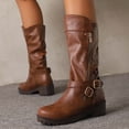 thumbnail image 2 of Platform Buckle Motorcycle Riding Boots for Women with Side Zipper Winter Fall Slouchy Leather Wide Mid Calf Tall Boots, 2 of 5