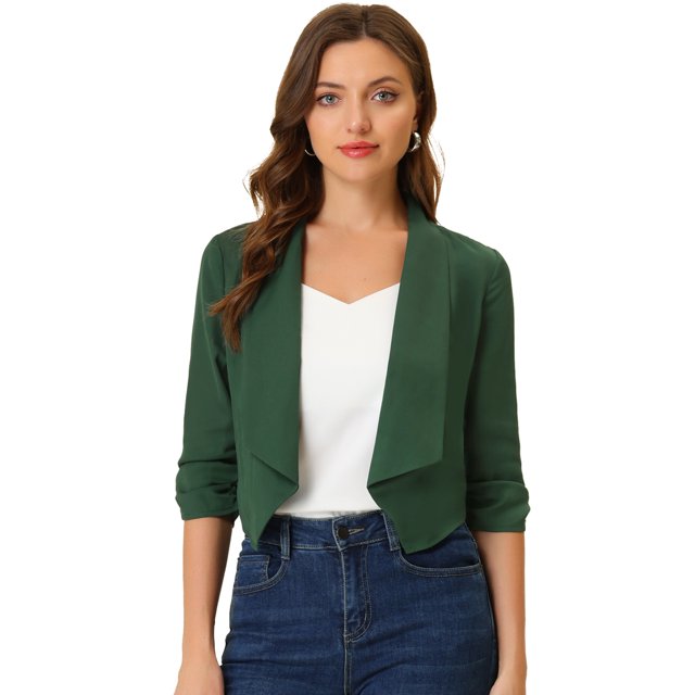 INSPIRE CHIC Cardigan Léger pour Femme à devant Ouvert, Manches 3/4 Froncées, Revers Châle, Vert, Taille P. Coupe Décontractée avec Col Rabattu, silhouette en Ligne H et Matière chiffon. Idéal pour le Printemps et l'Été, Style avec Haut Blanc et jeans Bleus pour Tenues Décontractées Ou de Travail.