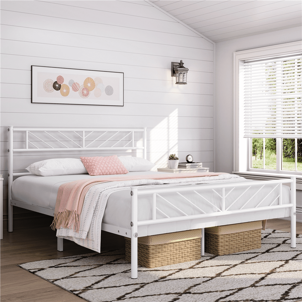 FullFurnique Lit Plateforme Métallique Minimaliste avec Tête de Lit Motif Flèche, Taille Double,pour Adultes, Blanc