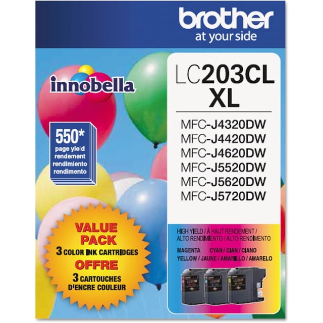 Brother LC2033PKS Ink Cartridge value pack with three high-yield color cartridges in magenta, cyan, and yellow, compatible with Brother MFC-J4320DW, J4420DW, J4620DW, J5520DW, J5620DW, and J5720DW printers, providing 550 pages per cartridge using Innobella ink technology for sharp, fade-resistant prints.