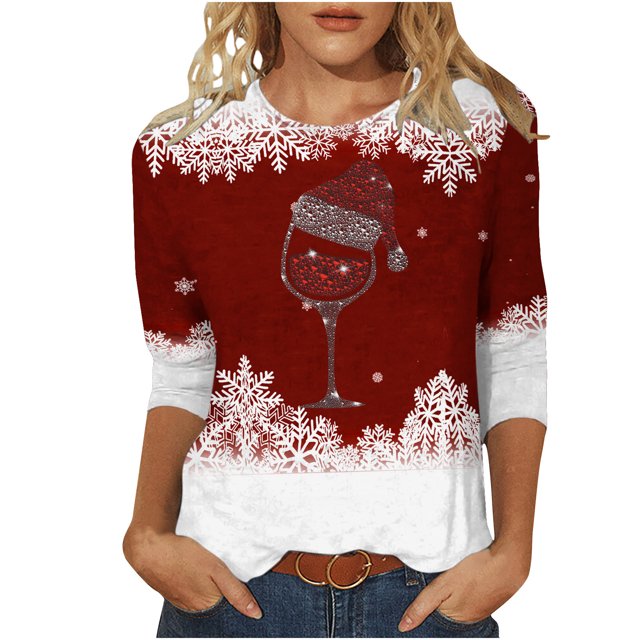 Pisexur Chandails de Noël pour Femmes Chandails à Manches 3/4 pour Femmes Chandails à Col Rond Graphiques Amusants Chandails à Capuchon Décontractés pour les Fêtes de Noël Confort Amples Mode d'Automne Chandails à Enfiler