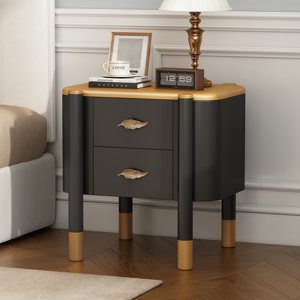 Cobear Contemporary 2 Drawers Nightstand Curved Profile Design Bedside Table Metal Feather-Shaped Handles Exposed Legs End Table Easy Assembly Black