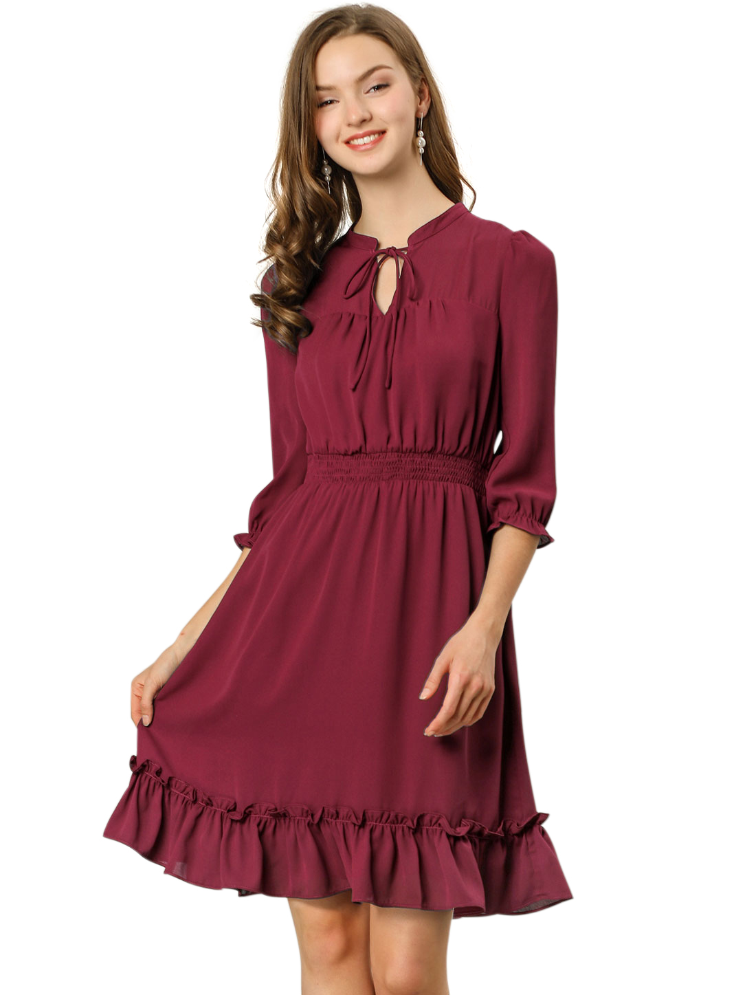INSPIRE CHIC Robe A-Line en Mousseline Smockée pour Femme à Ourlet Volanté Superposé, Manches 3/4, m Bourgogne