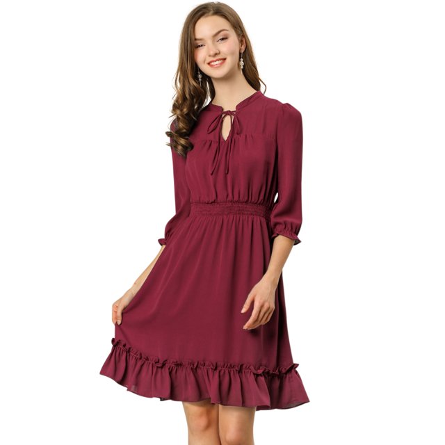INSPIRE CHIC Robe A-Line en Mousseline Smockée pour Femme à Ourlet Volanté Superposé, Manches 3/4, m Bourgogne