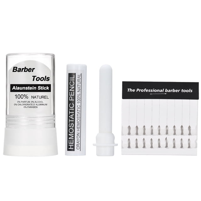 Stops Bleeding Styptic Pencil Alum Matchsticks Alum Stone 100% Natural After Shave Styptic Matches Stick Stone Shave Accessories for Men Razor Nicks Barber Home Use. The image displays a set of grooming tools including a styptic pencil, alum stone, and alum matchsticks. These items are crafted from 100% natural alum, offering antiseptic properties, soothing skin, and stopping minor bleeding caused by shaving. The packaging emphasizes their natural composition, free from preservatives, aluminum salts, and perfumes.
