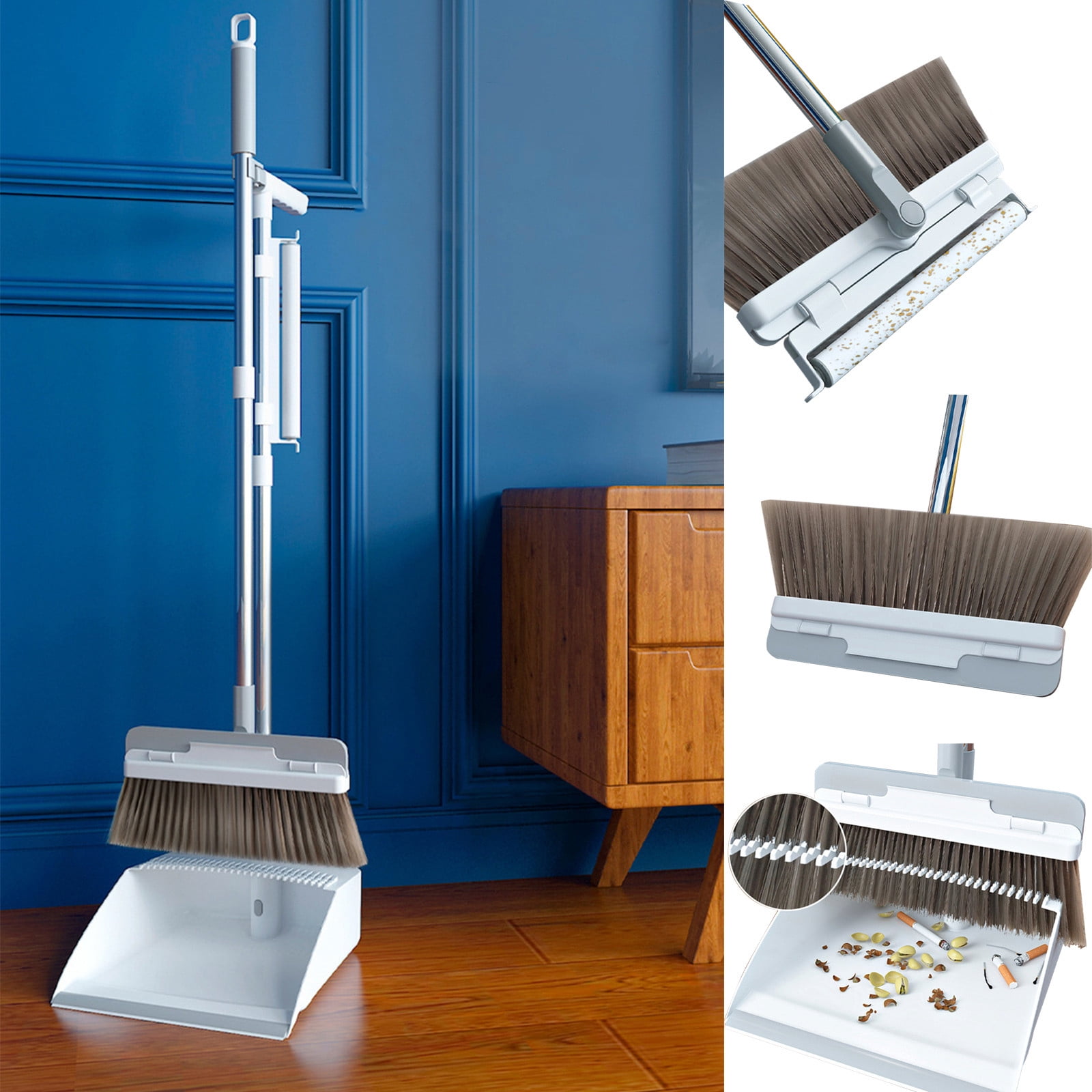 Dvkptbk portable broom Brooms Indoor 180° Rotatable Standing Storage Buckle Type Brooms and Dustpan Set with Scraping Teeth, Lint Sticker and Scraper Cleaning Suitable for Home