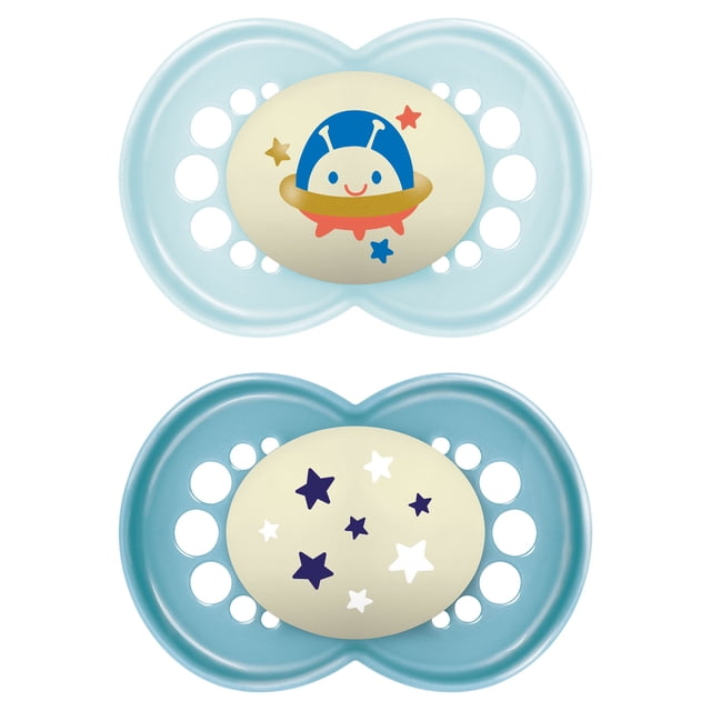 MAM Night Silicone Pacifier 6+ Months, Glow in the Dark, Assorted Colours, 2 PACK