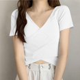 thumbnail image 2 of Timegard Crop Tops for Women V Neck Short Sleeve Irregularly Solid Color Casual Fitting Tee Fashion, 2 of 3