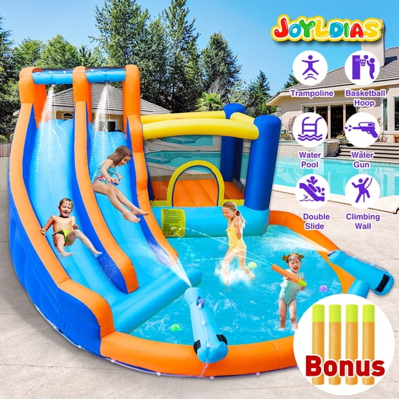 JOYLDIAS Glissoire Aquatique Gonflable pour Enfants, Grand Parc Aquatique, Double Glissoire, Maisonnette Château avec 4 Pistolets à Eau, Piscine, Zone de Saut, Mur d'Escalade, Souffleur d'Air