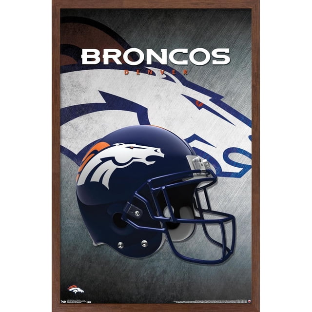 NFL Denver Broncos - Helmet 16 Wall Poster, 22.375" x 34" displays a side profile of a navy blue Denver Broncos football helmet with the white and orange horse logo, set against a textured gray background with a large faded Broncos horse head and the word 'BRONCOS' in white above. The poster has a dark wood frame and glossy finish, suitable for sports fan room decor and easy hanging with included clips.