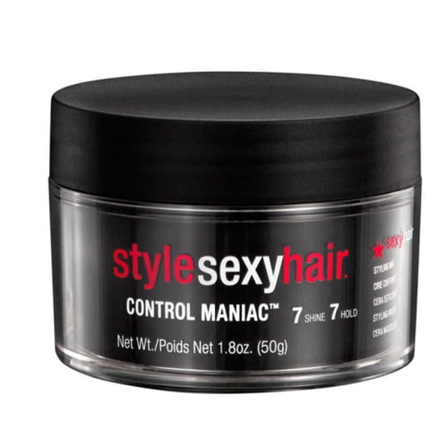 Style Sexy Hair Control Maniac Styling Wax in a clear round jar with a black lid, labeled with red and white text, offering firm hold, shine, and frizz control ideal for men's short hairstyles and curl enhancing.