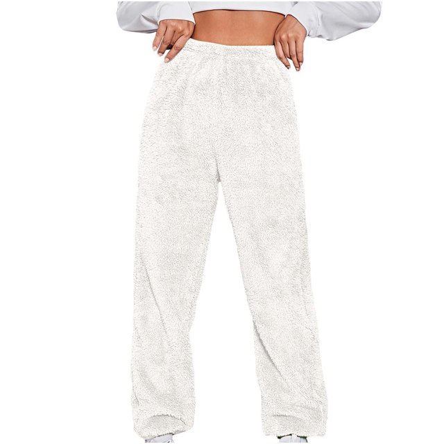 Timegard Plus Size Flannel Pants for Women Winter Warm Elastic Waits Wide Leg Pants Comfy Solid Color Fuzzy Trousers