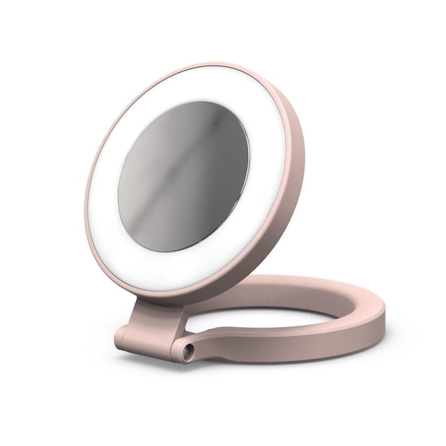 ShiftCam SnapLight Bague Lumineuse LED Magnétique en Rose Doux avec design Articulé, Montrant une Bague Lumineuse LED Circulaire Entourant un Miroir central, compatible avec les Téléphones Intelligents pour un Éclairage Réglable et une Qualité photo et Vidéo Améliorée.