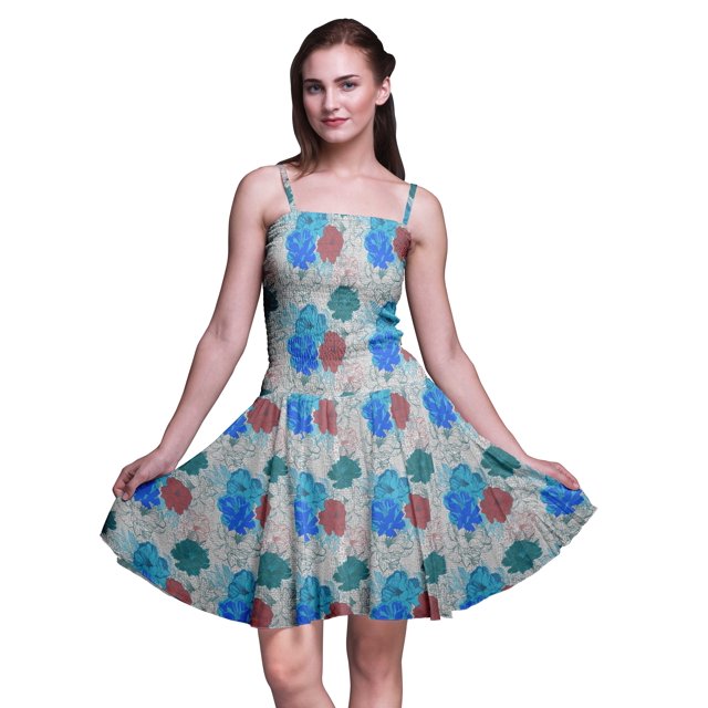 Bimba Robe Soleil Mini à Bretelles Spaghetti pour Femmes, Haut à Taille Smockée Imprimé Floral - XX-Grand