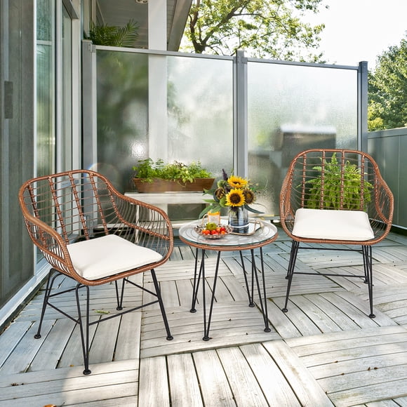 Costway Ensemble Bistro en Rotin pour Patio 3 Pcs Table Basse Fauteuil Jardin Coussin Beige