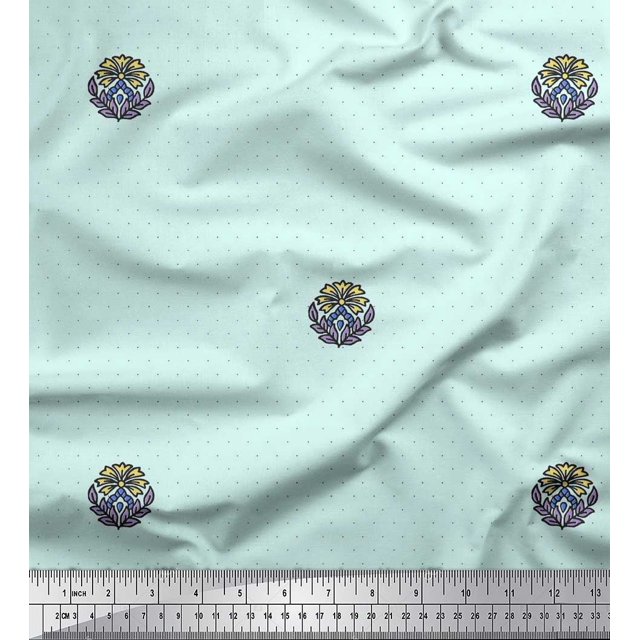 Soimoi Rayon Fabric Dot,Leaves & Floral Block Printed Fabric 1 Yard 56 Inch Wide