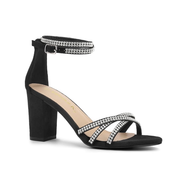 BLISSFUL STEP Women's Shoes Rhinestone Crisscross Strappy Block Heel Faux Suede Ankle Buckle Sandals Black 7