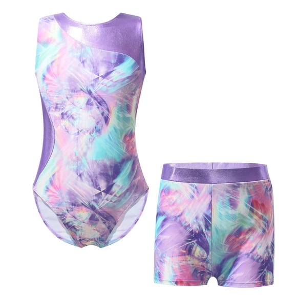 CHICTRY Gymnastics 2 Pcs Outfit for Girls Metallic Splice Tank Leotard with Shorts Athletic Biketard Colorful Shadow 8