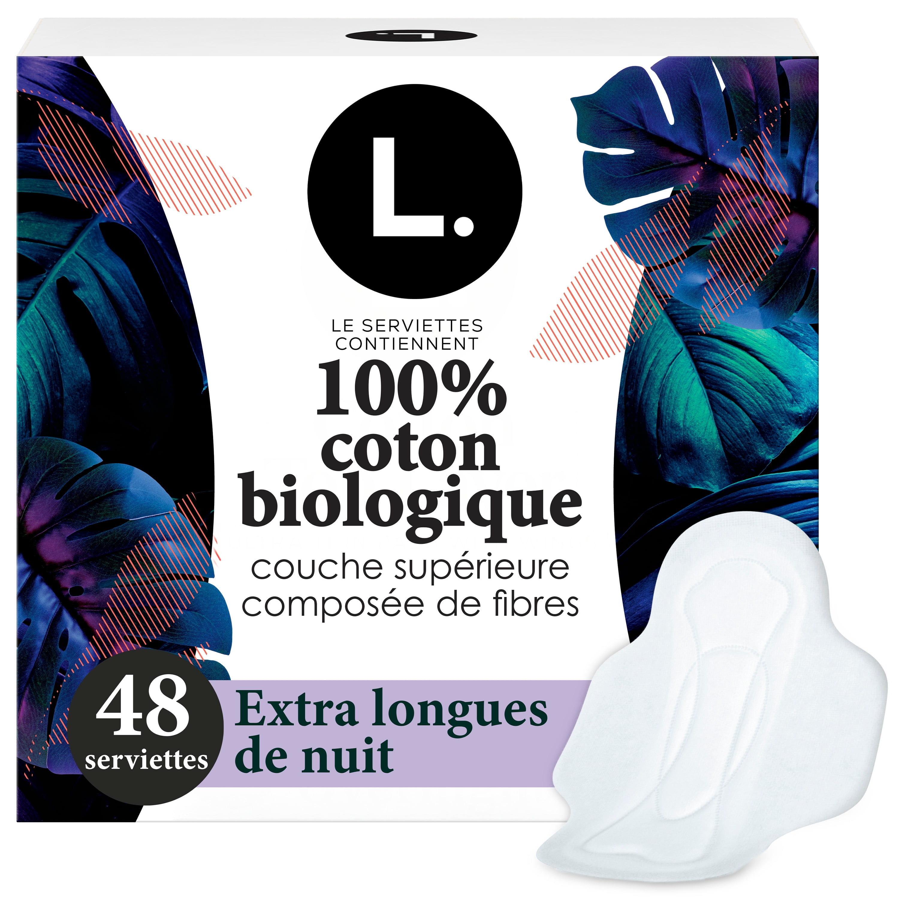 L. Ultra Thin Pads for Women, Organic Cotton Top Layer, Extra Long Overnight Absorbency, Menstrual Pads with Wings, 48 CT