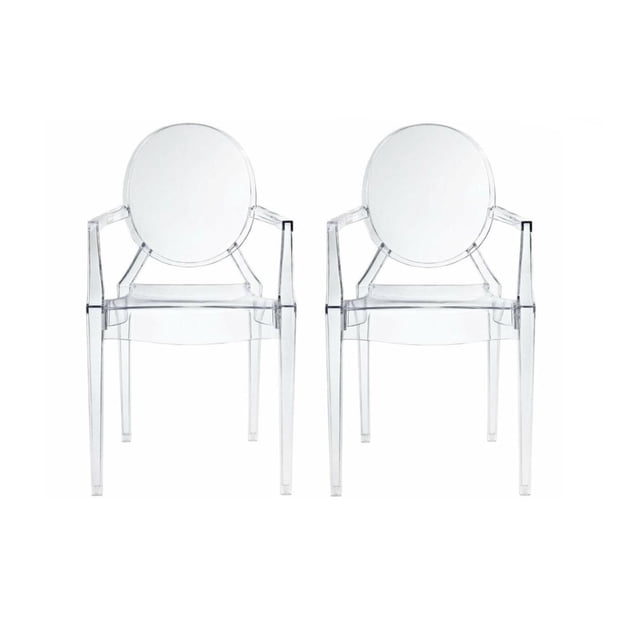 Heavenly Collection Plastic Arm Chair set of two clear polycarbonate armchairs with King Louis round backs, stackable and waterproof, suitable for accent seating in living rooms or outdoor areas.
