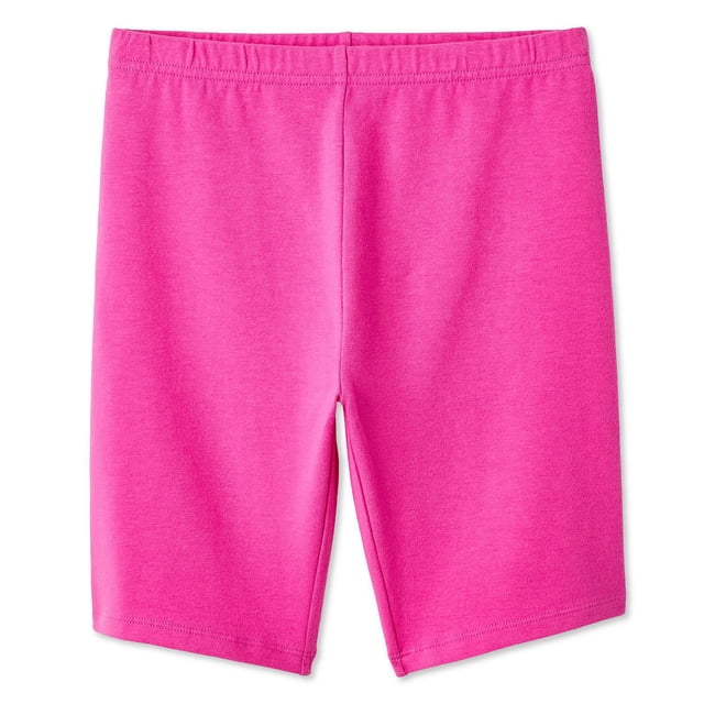 George Girls' Bike Short in bright pink with a front view showing an elasticized waistband and soft jersey knit fabric. These pull-on shorts have a stretch fit for comfort and easy movement, suitable for gym class or casual wear.
