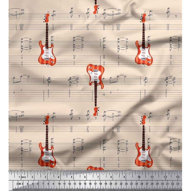 Soimoi White Modal Satin Fabric Notes & Guitar Musical Instrument Decor Fabric Printed Yard 42 Inch Wide