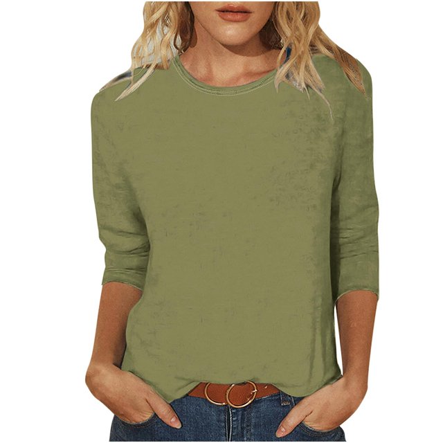 Timegard Hauts pour Femmes Été Col Rond Manches 3/4 T-Shirts Basiques Confortables Couleur Unie Blouses Décontractées Amples