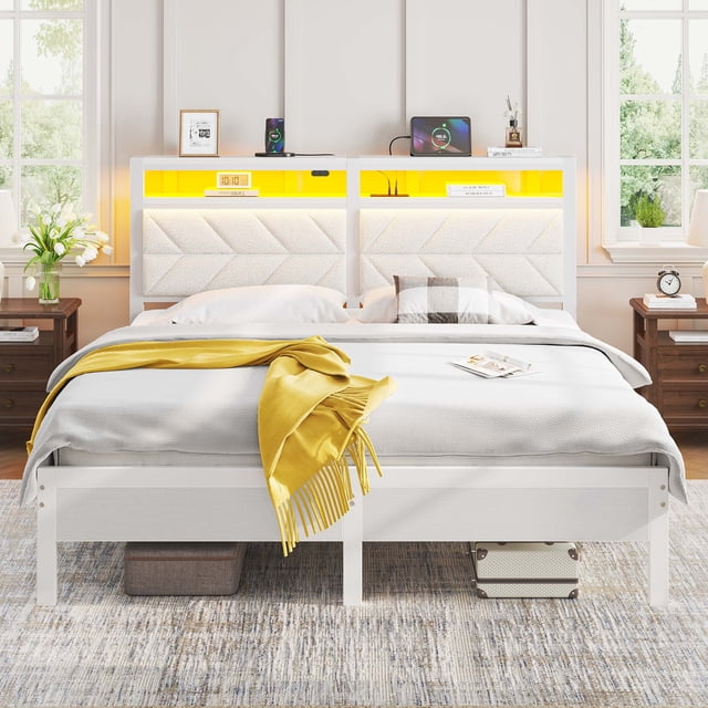 Greenstell Full LED Bed Frame with Headboard Storage in off white, a modern platform bed featuring RGB LED lights, dual-tier shelves, and a built-in charging station with USB and Type-C ports. The sturdy metal frame offers 12.5-inch under-bed storage and a soft, customizable headboard. Perfect for adult or teen bedrooms needing a bed frame with storage.