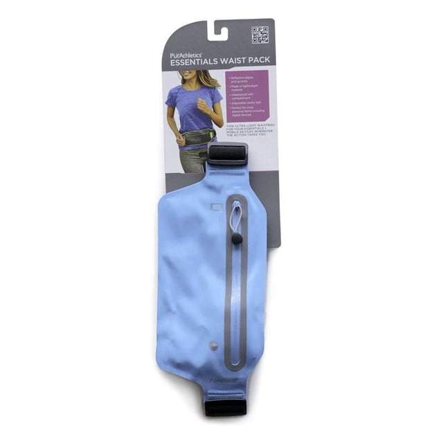 PurAthletics Essentials Waist Pack front-facing slim neoprene pack with invisible zippers, reflective trim and lightweight elastic belt adjustable to 24"–42" waistline (61–107 cm). Includes separate key compartment, waterproof and machine washable; suitable for stowing small cameras or earbuds when traveling.