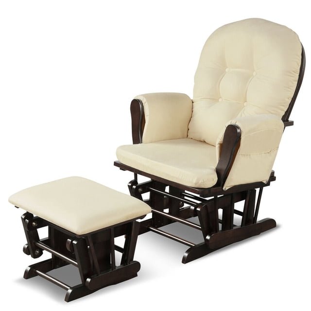Gymax Glider and Ottoman Cushion Set Wood Baby Nursery Rocking Chair in beige. The set includes a glider chair with a high backrest, padded armrests, and soft microfiber fabric cushions, paired with a matching gliding ottoman. The chair features a sturdy rubber wood and bentwood frame with a smooth and quiet gliding mechanism. Ideal for nurseries, living rooms, or bedrooms, it offers ergonomic support and a storage pocket on the armrest for added convenience.