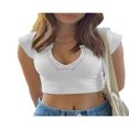 thumbnail image 1 of Women V Neck Crop Tops Summer Slim Fit Short T Shirt Short Sleeve Patchwork Ribbed Stretchy Navel Shirt, 1 of 5