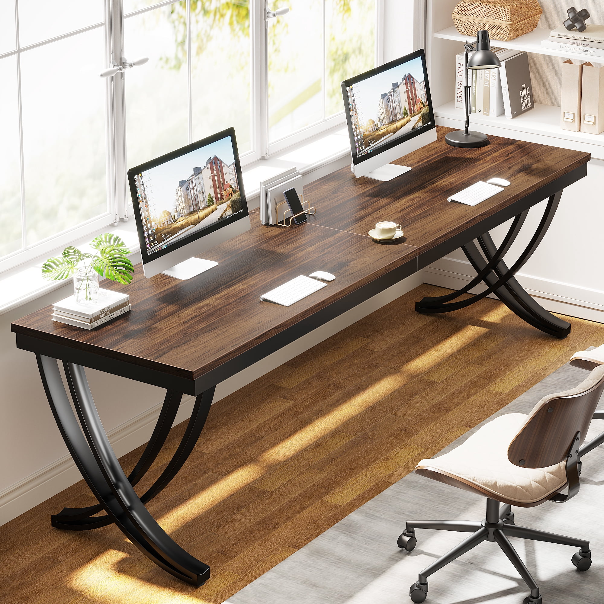 Fnova 78.74" Modern Desk, Wooden Computer Desk Writing Desk with Storage Shelf, Back Baffles & Metal Legs, for Living Room/Kitchen/Home Office, Easy Assembly