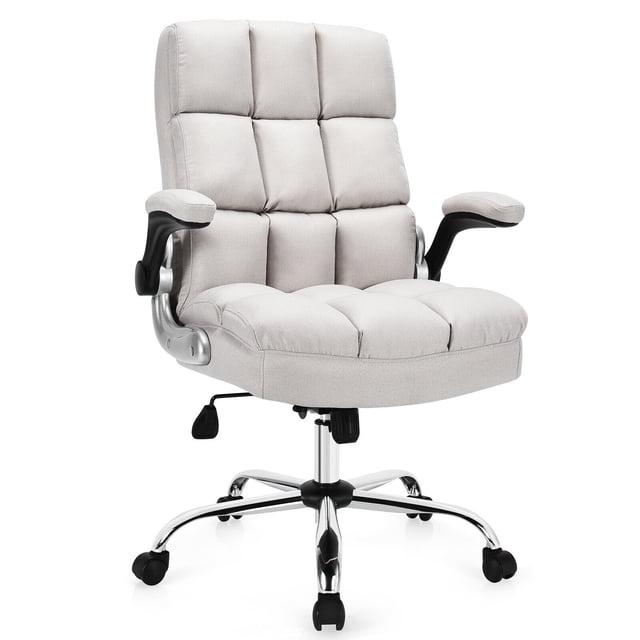 Gymax Chaise de Bureau Haute Dossier Grande Taille Réglable Pivotante avec Accoudoirs Relevables en beige. Cette Chaise de Direction Présente un Dossier Haut Rembourré, un Coussin de Siège Capitonné et des Accoudoirs Relevables pour un Soutien Ergonomique. Comprend un Dossier Inclinable Réglable de 108° à 125°, une base Métallique à 5 Griffes avec Roulettes à Roulement Fluide, et un Réglage de Hauteur de 43 Pieds' à 46,5 Pieds', Idéale pour la Maison Ou le Bureau, Supporte jusqu'à 400 Lb.