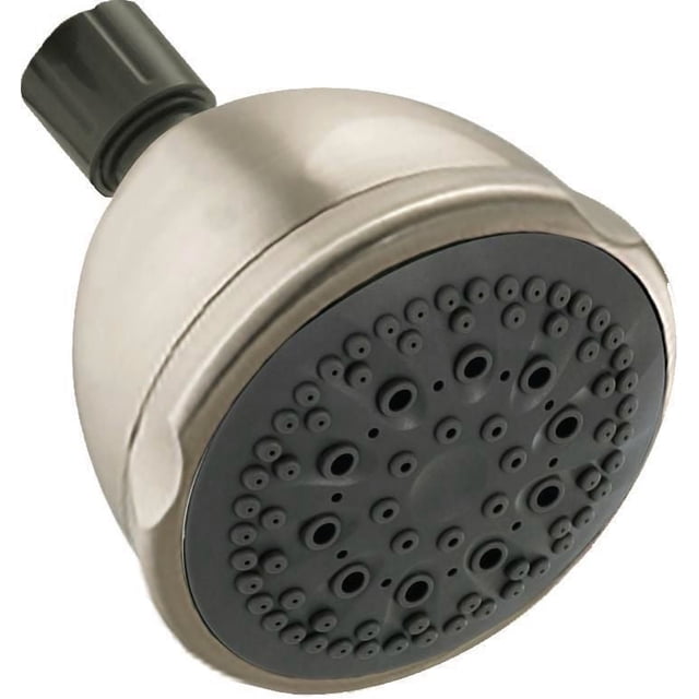 Peerless 5-Setting Shower Head in satin nickel with a round face and black rubber spray nozzles, featuring five spray settings including full, massage, and aerated sprays, WaterSense certified for water efficiency, ideal for bathroom renovation.