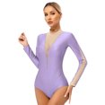 thumbnail image 1 of Linjinx Women Sheer Mesh Long Sleeve Bodysuit Shiny Rhinestone Ballet Dance Gymnastics Leotard LightPurple XXL, 1 of 7