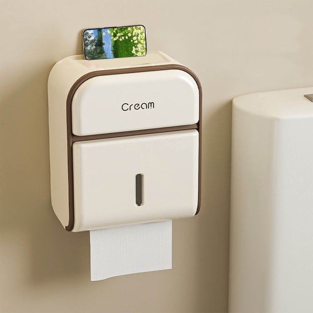 Vrorvz Wall Mounted Tissue Organizer with Double Layer Storage Shelf and Cell Phone Holder No Punch Waterproof Toilet Paper Dispenser Multi Function Bathroom Organizer for Home and Public Spaces