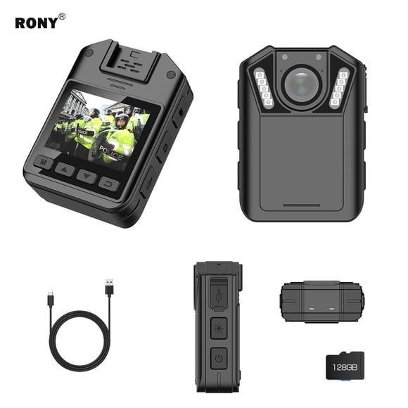 RONY Caméra Corporelle 128 Go 1440P Ultra HD avec Enregistrement Audio et Vidéo, Vision Nocturne, Caméra Corporelle Étanche pour l'Application de la Loi, Garde de Sécurité Civil