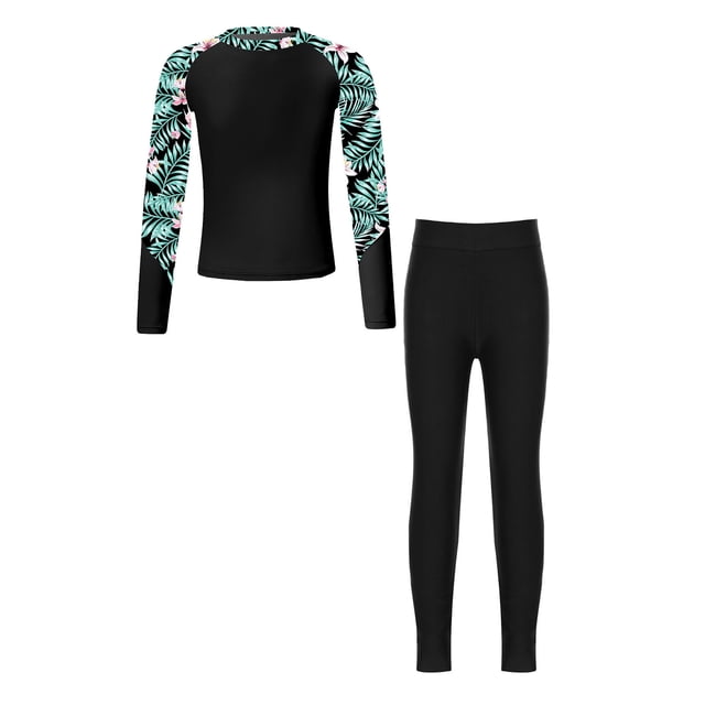 XUNZOO 2Pcs Girls Rash Guard Swimsuit UPF 50+ Swimming Costume Kids Long Sleeve Rash Shirts Legging Set Black A 8