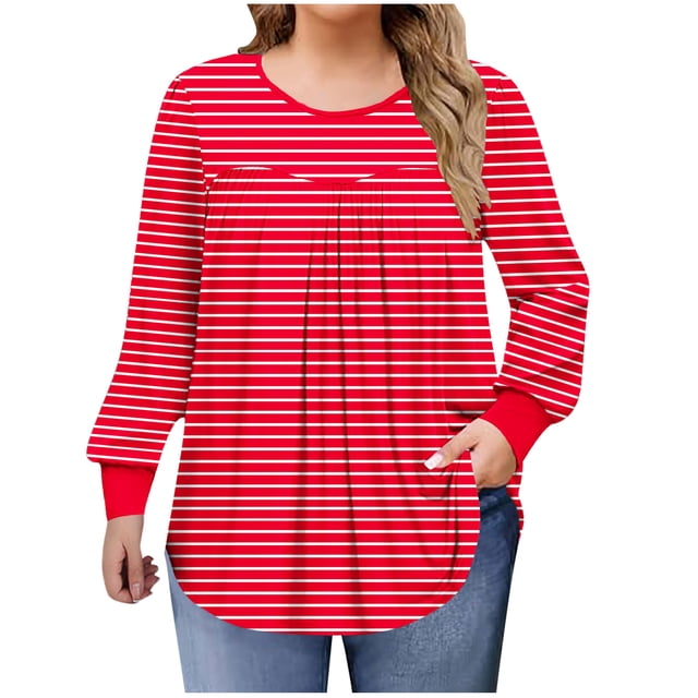 Lmnyox Hauts Grande Taille pour Femmes, Manches Longues Surdimensionnées, Col Rond, Chemises Plissées, Blouses Décontractées Mode