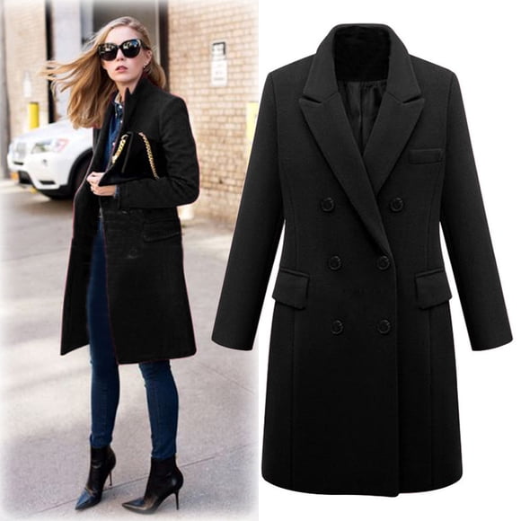 Meichang Womens Notched Lapel Collar Double Breasted Pea Coat Winter Wool Blend Over Coats Long Jackets Plus Size