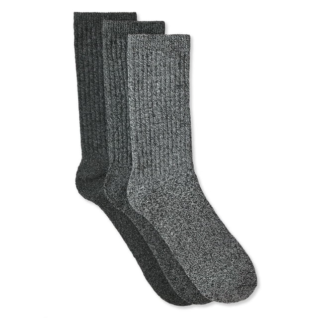 George Men's Cotton Crew Socks, a set of three crew-length socks in varying grey tones, made from a breathable cotton blend with elastic ankle cuffs, designed for casual wear and available in sizes 7-11, also suitable for light athletic activities.
