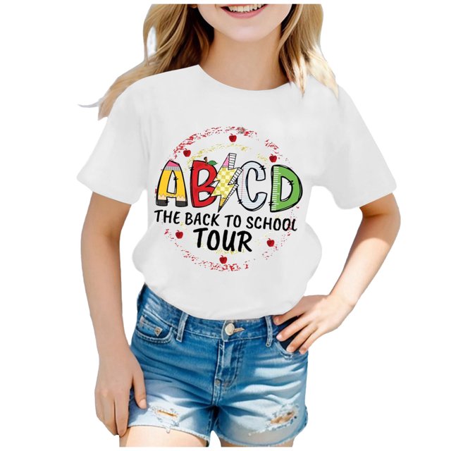 AWZXDE Hauts pour Filles Enfants Rentrée des Classes T-Shirt Graphique à Manches Courtes Col Rond Lumineux Confortable pour Garçons et Filles