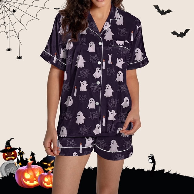 Pyjama pour Femmes en Satin Imprimé Graphique, Mignon, Tenue de Nuit, Boutons, Hauts à Manches Courtes, Ensembles de Shorts