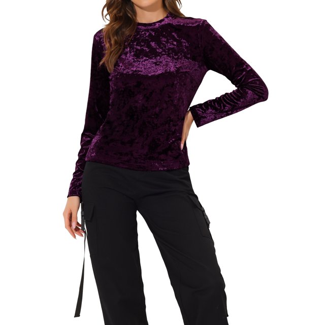 INSPIRE CHIC T-Shirts en Velours pour Femmes Col Rond Manches Longues Décontracté m Violet