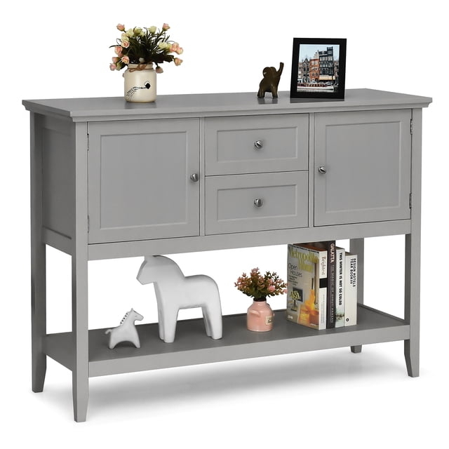 Patiojoy Buffet Armoire Bahut Console en Bois Gris avec Deux Tiroirs de Rangement, Deux Armoires et une Tablette Inférieure. Fait de MDF et de Bois de Pin Massif, Il Offre un Plateau Spacieux et une Tablette Ouverte pour Exposer des Ustensiles de Cuisine, de la Déco Ou des Livres. Idéal pour les Salons, les Cuisines et les Chambres comme solution de Rangement Polyvalente.