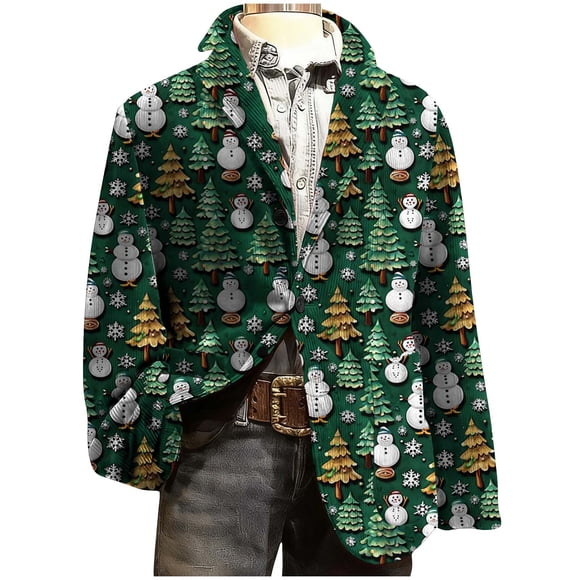Lcziwo Mens Ugly Christmas Blazer Corduroy Xmas Party Prom Printed Suit Jacket 3 Buttons Casual Fitted Sports Coats Single Breasted Lapel Coats Army Green,XXL