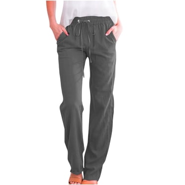 AherBiu Cotton Linen Pants Women Drawstring Straight Leg Trousers Casual Loose Elastic Waist Pants