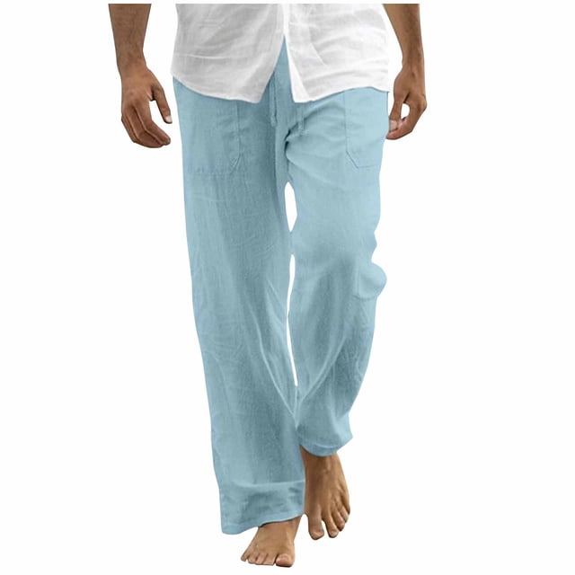 WRKEKC Casual Pants for Men Relaxed Fit Straight Leg Beach Pants with Drawstring and Pockets Solid Color for Summer Wear